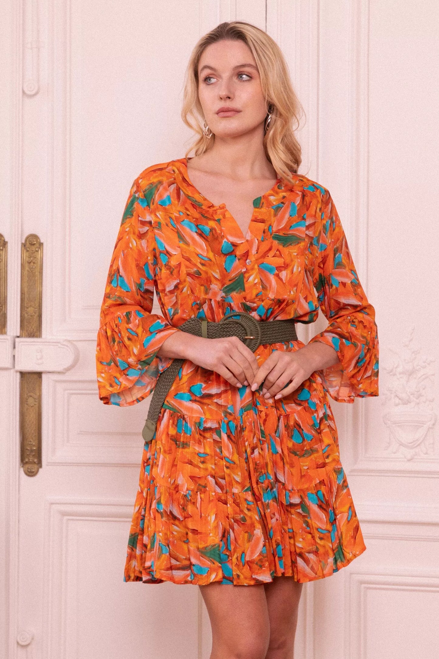 Robe chemise tunique avec col V, à imprimé bohème