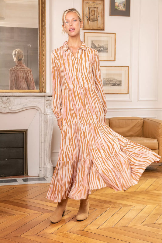 Robe longue style chemise imprimée coupe ample à fronces